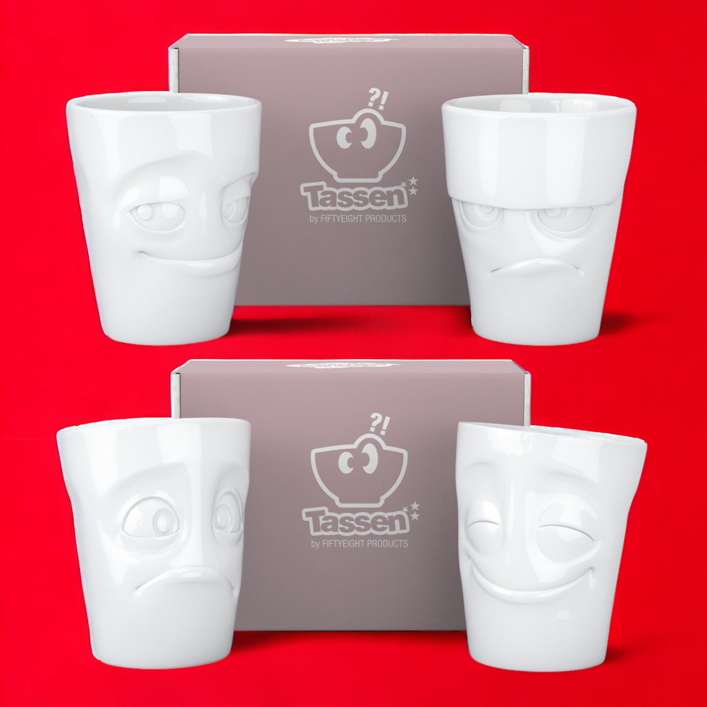 Lachende Tasse FIFTYEIGHT | 4er Becher Set | GRUMMELIG & VERSCHMITZT & VERGNÜGT & VERDUTZT | je ca. 350ml | weiß