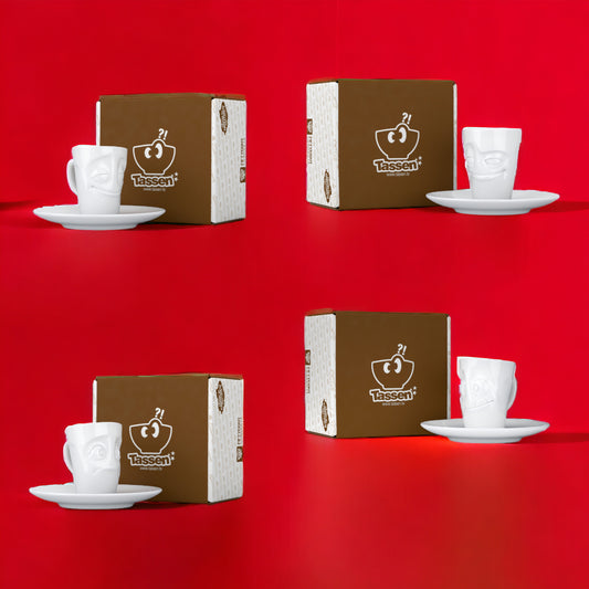 Lachende Tasse FIFTYEIGHT | 4er Set Espressotassen | VERSCHMITZT+VERGNÜGT+VERDUTZT+LECKER | 80ml | weiß