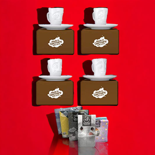 Lachende Tasse FIFTYEIGHT | 4er Set Espressotassen | VERSCHMITZT+VERGNÜGT+VERDUTZT+LECKER+Servietten | 80ml | weiß