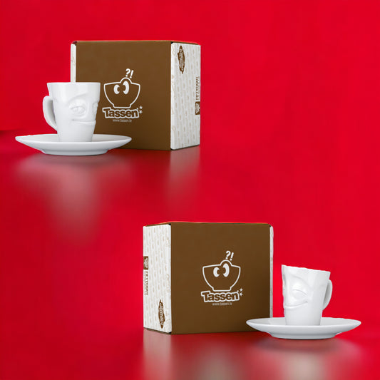 Lachende Tasse FIFTYEIGHT PRODUCTS | 2er Set Espressotassen | Mini Mugs VERSCHMITZT & VERGNÜGT | ca. 80ml | weiß