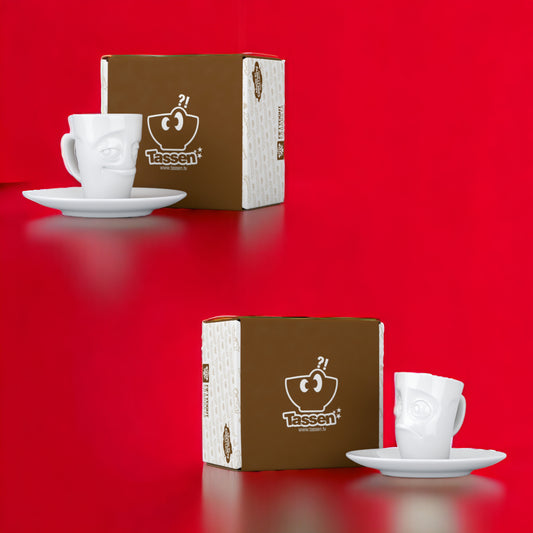 Lachende Tasse FIFTYEIGHT PRODUCTS | 2er Set Espressotassen | Mini Mugs VERSCHMITZT & VERDUTZT | ca. 80ml | weiß