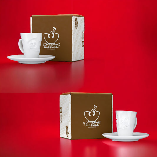 Lachende Tasse FIFTYEIGHT PRODUCTS | 2er Set Espressotassen | Mini Mugs VERSCHMITZT & LECER | ca. 80ml | weiß