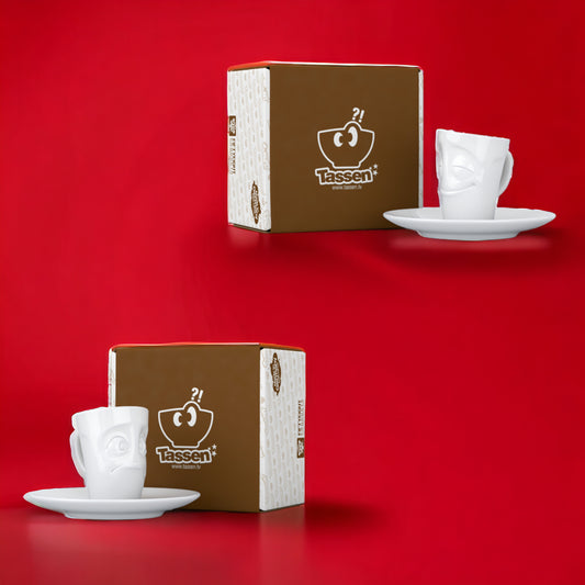 Lachende Tasse FIFTYEIGHT PRODUCTS | 2er Set Espressotassen | Mini Mugs VERGNÜGT & VERDUTZT | ca. 80ml | weiß