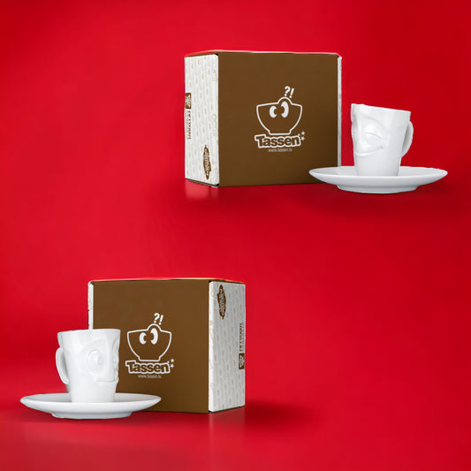 Lachende Tasse FIFTYEIGHT PRODUCTS | 2er Set Espressotassen | Mini Mugs VERGNÜGT & LECKER | ca. 80ml | weiß