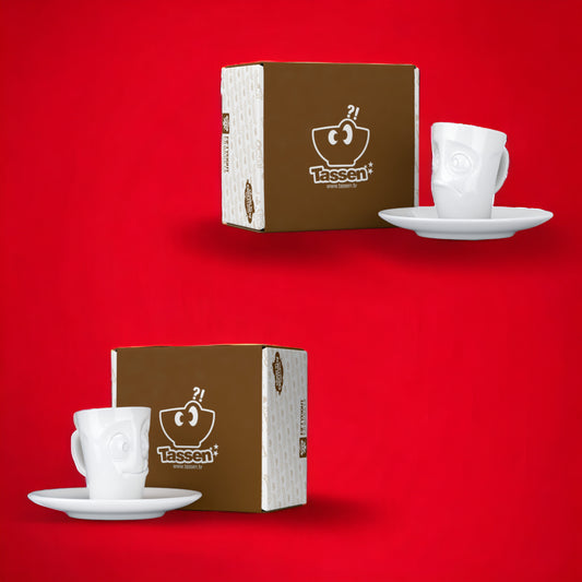 Lachende Tasse FIFTYEIGHT PRODUCTS | 2er Set Espressotassen | Mini Mugs VERDUTZT & LECKER | ca. 80ml | weiß