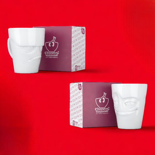 Lachende Tasse FIFTYEIGHT PRODUCTS | 2er Henkeltassen Set | GRUMMELIG & VERSCHMITZT | je ca. 350ml | weiß