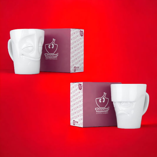 Lachende Tasse FIFTYEIGHT PRODUCTS | 2er Henkeltassen-Set | GRUMMELIG & VERGNÜGT | je ca. 350ml | weiß