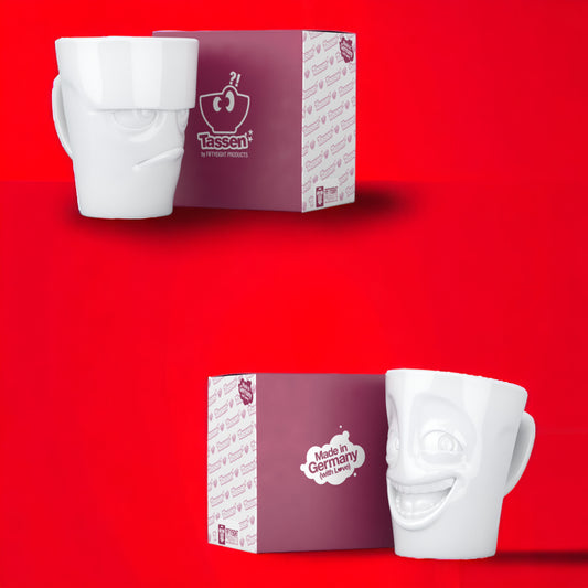 Lachende Tasse FIFTYEIGHT PRODUCTS | 2er Henkeltassen Set | GRUMMELIG & WITZIG | je ca. 350ml | weiß