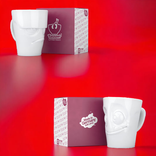 Lachende Tasse FIFTYEIGHT PRODUCTS | 2er Henkeltassen-Set | GRUMMELIG & LECKER | je ca. 350ml | weiß