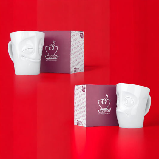 Lachende Tasse FIFTYEIGHT PRODUCTS | 2er Henkeltassen Set | VERGNÜGT & VERDUTZT | je ca. 350ml | weiß