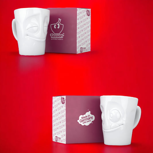 Lachende Tasse FIFTYEIGHT PRODUCTS | 2er Henkeltassen-Set | VERGNÜGT & LECKER | je ca. 350ml | weiß