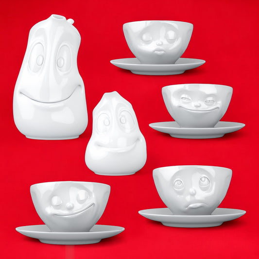 Lachende Tasse FIFTYEIGHT PRODUCTS | 6er Set | 4 x Milchkaffeetasse mit Untertasse + Kanne Gut Drauf und Milchkännchen Drollig | weiß