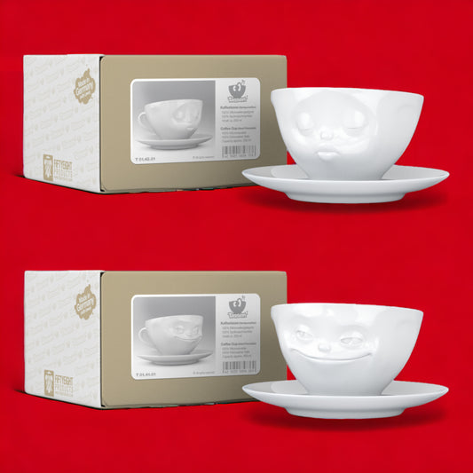 Lachende Tasse FIFTYEIGHT PRODUCTS | 2er Tassen Set | GRINSEND & KÜSSEND | je ca. 200ml | weiß