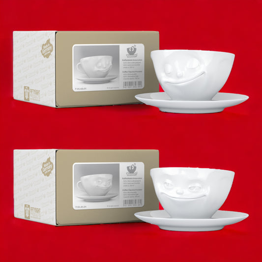 Lachende Tasse FIFTYEIGHT PRODUCTS | 2er Tassen Set | GRINSEND & GLÜCKLICH | je ca. 200ml | weiß