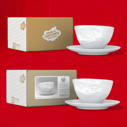 Lachende Tasse FIFTYEIGHT PRODUCTS | 2er Tassen Set | GRINSEND & LECKER | je ca. 200ml | weiß