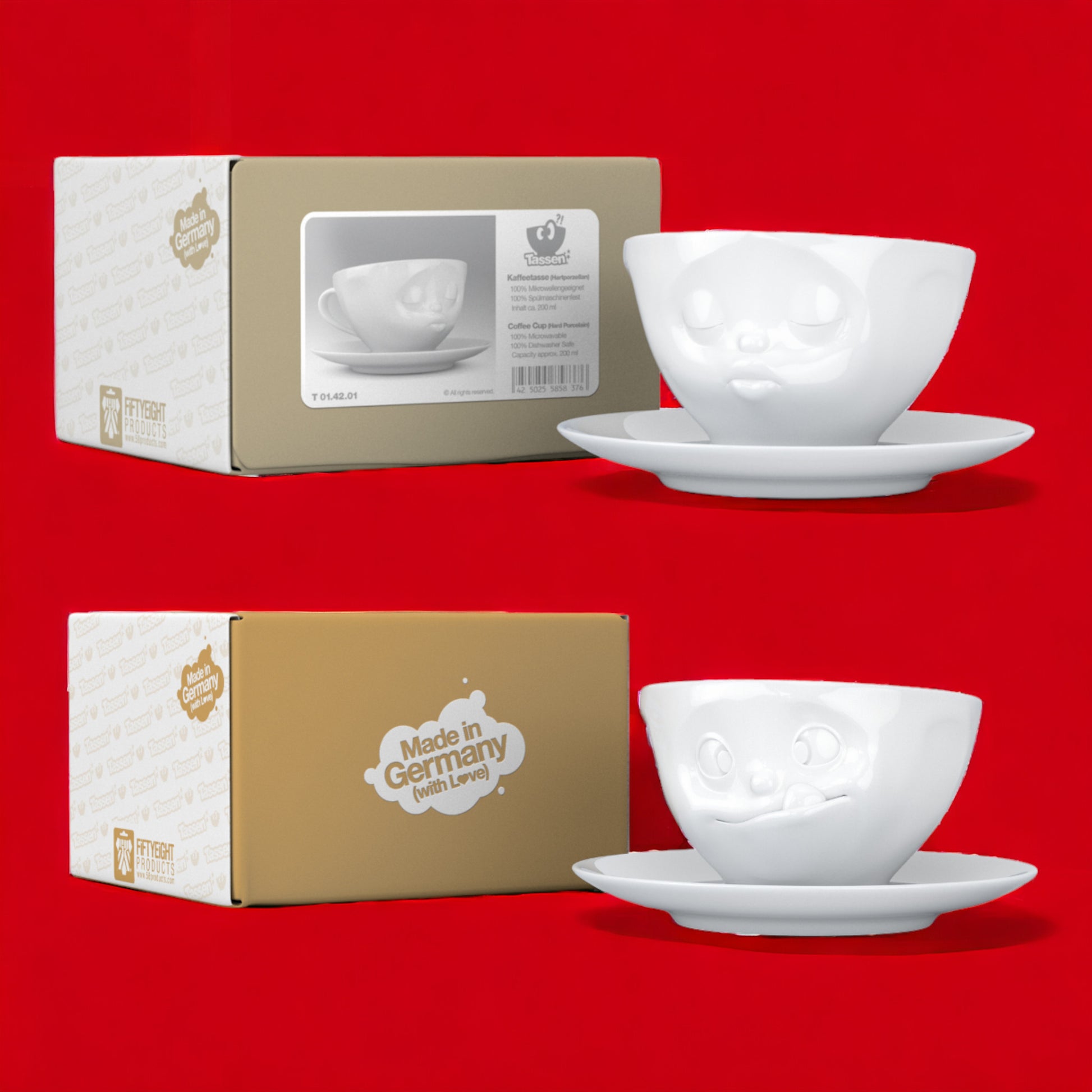 Lachende Tasse FIFTYEIGHT PRODUCTS | 2er Tassen Set | KÜSSEND & LECKER | je ca. 200ml | weiß