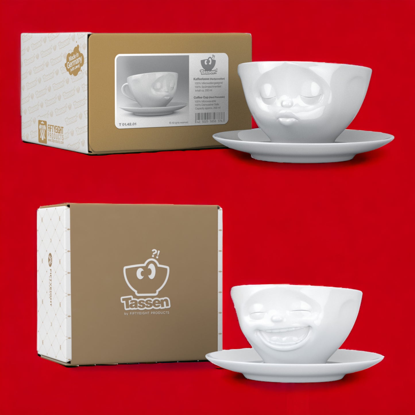 Lachende Tasse FIFTYEIGHT PRODUCTS | 2er Tassen Set | KÜSSEND & LACHEND | je ca. 200ml | weiß