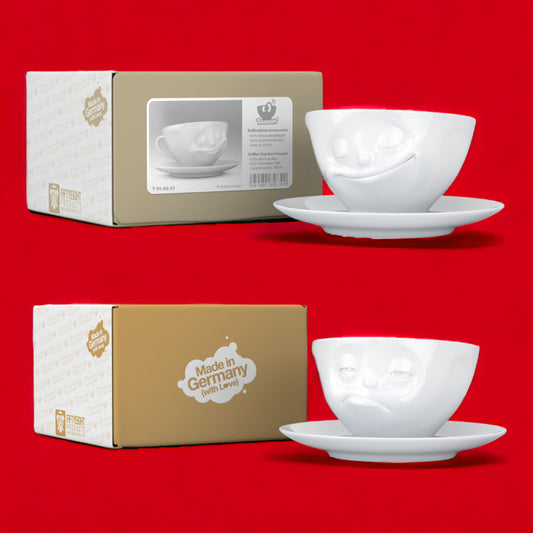 Lachende Tasse FIFTYEIGHT PRODUCTS | 2er Tassen Set | GLÜCKLICH & VERPENNT | je ca. 200ml | weiß