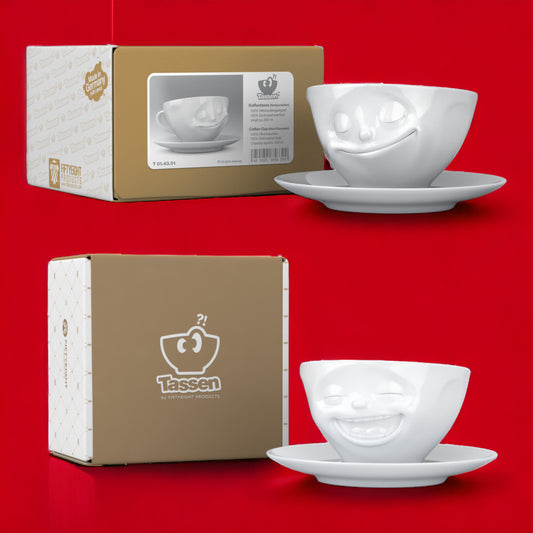 Lachende Tasse FIFTYEIGHT PRODUCTS | 2er Tassen Set | GLÜCKLICH & LACHEND | je ca. 200ml | weiß