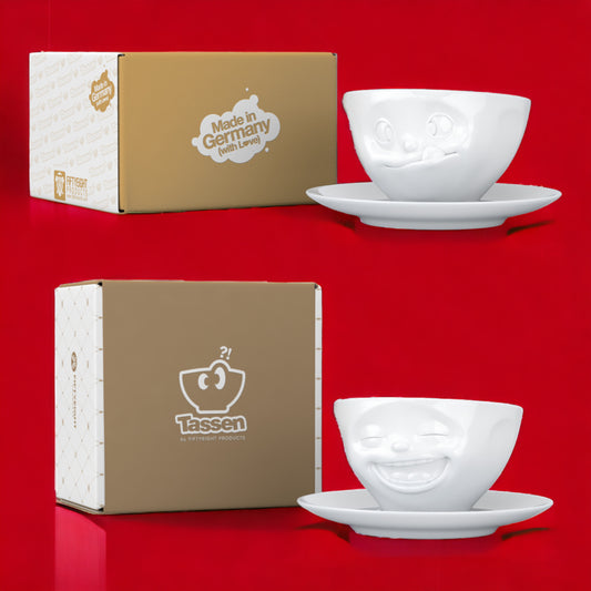 Lachende Tasse FIFTYEIGHT PRODUCTS | 2er Tassen Set | LECKER & LACHEND | je ca. 200ml | weiß