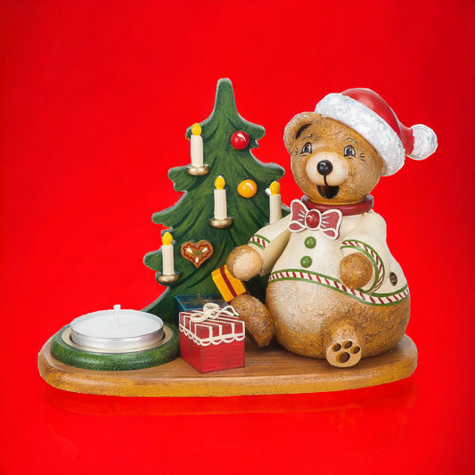 Hubrig Volkskunst | Räucherwichtel | Teddy mit Teelicht und Weihnachtsgeschenke | 14 cm