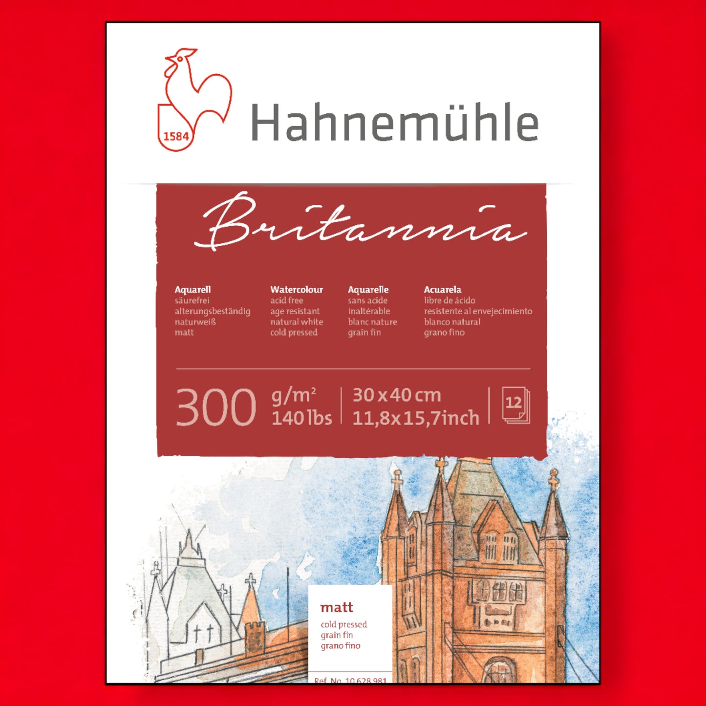 Hahnemühle Aquarellblock mit 300g/m², bestehend aus hochwertigem, naturweißem Aquarellpapier. Der Block enthält 12 Blatt, ideal für Aquarelltechniken. Der Block ist geleimt und ca. 30cm x 40cm groß.