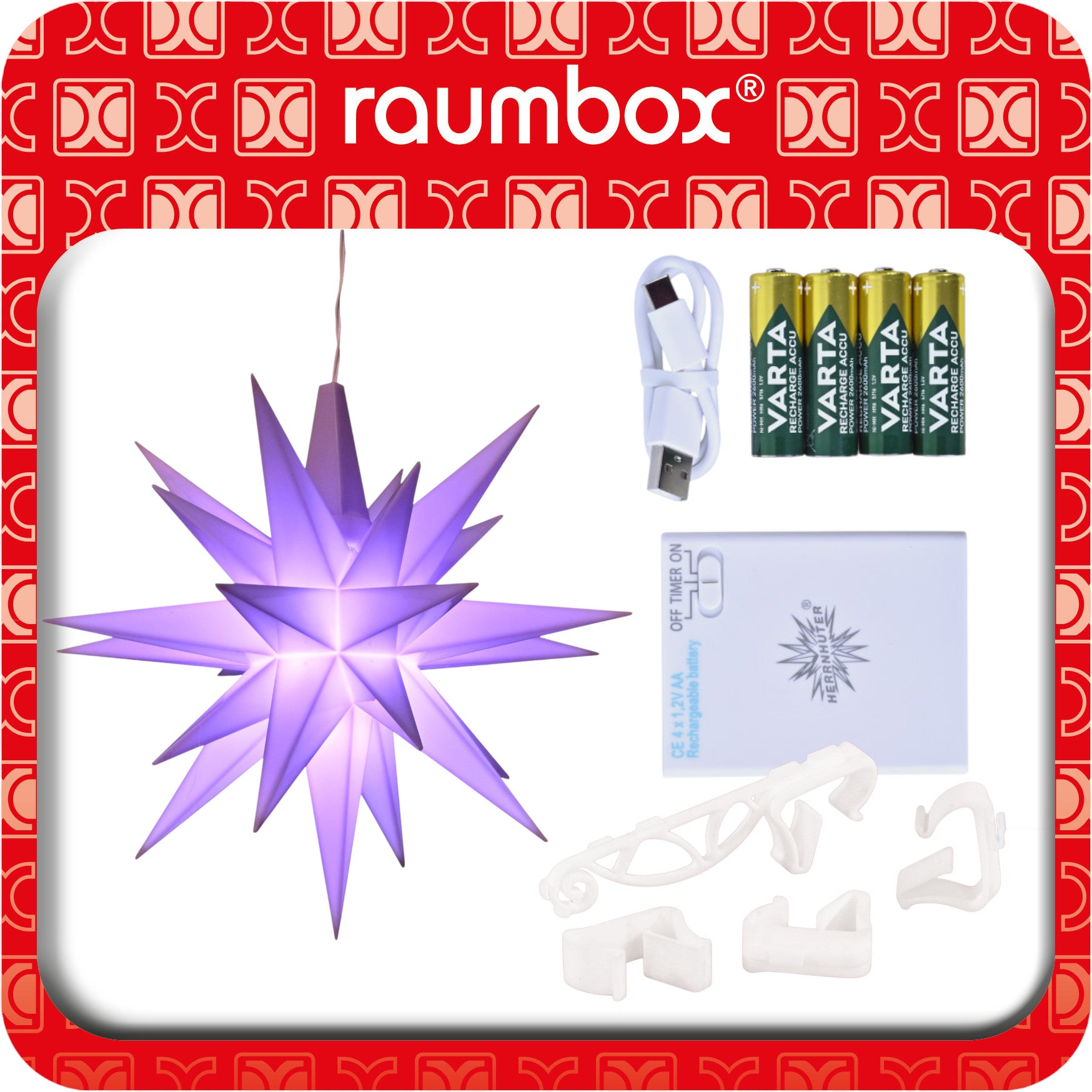 raumbox® "ADVENTSSTERN SONDEREDITION 2024 Herrnhuter® Sterne LED" Kunststoff A1e ca. Ø13 cm | Flieder inkl. Akku Batteriehalter und INNOPERFORM® Sternhalter mit Kabelführung