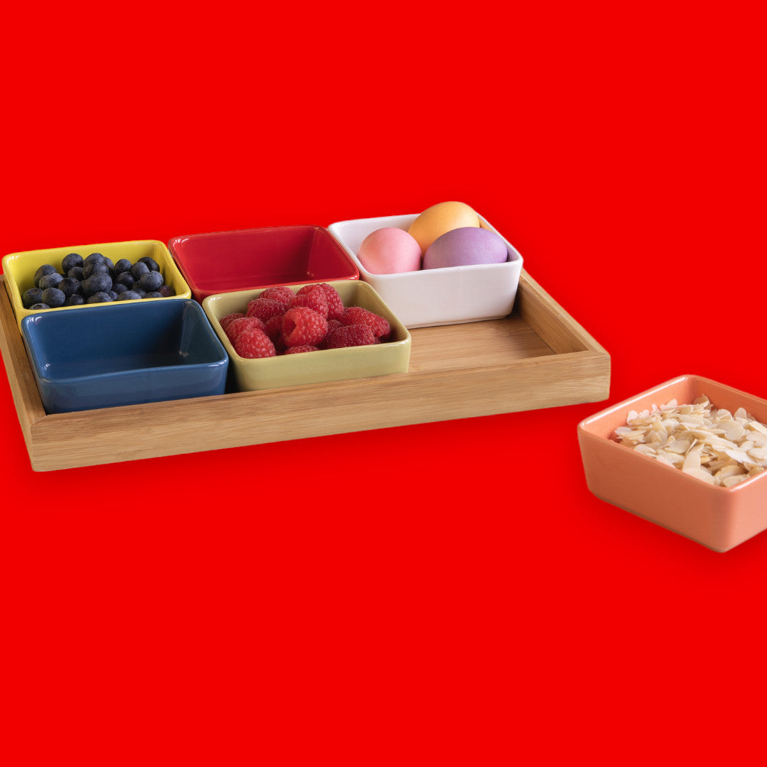 Remember | Schalen-Set mit Holztablett Nr. 1 | bunte Farben | 33 cm x 22,5 cm x 5 cm