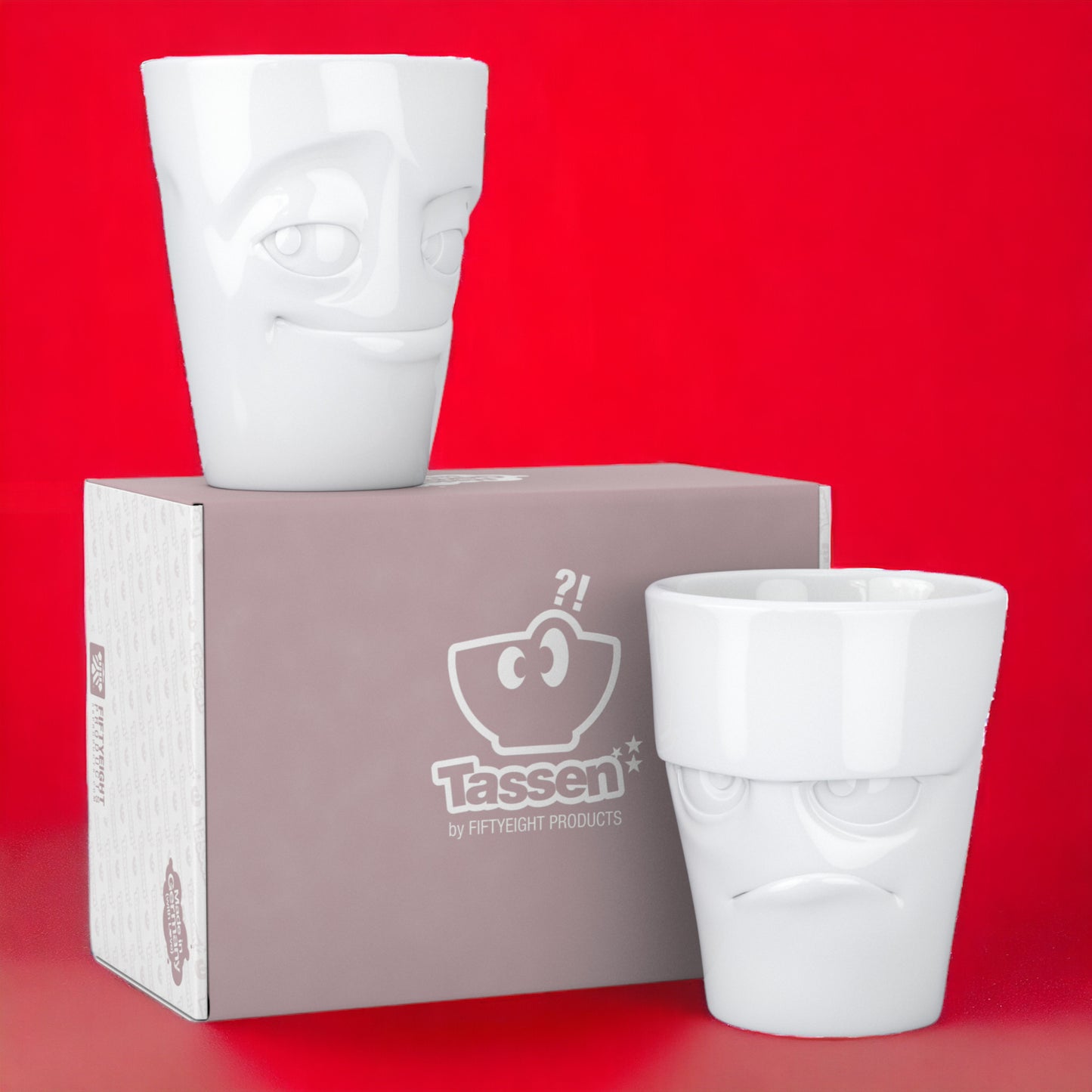 Lachende Tasse FIFTYEIGHT | 4er Becher Set | GRUMMELIG & VERSCHMITZT & VERGNÜGT & VERDUTZT | je ca. 350ml | weiß