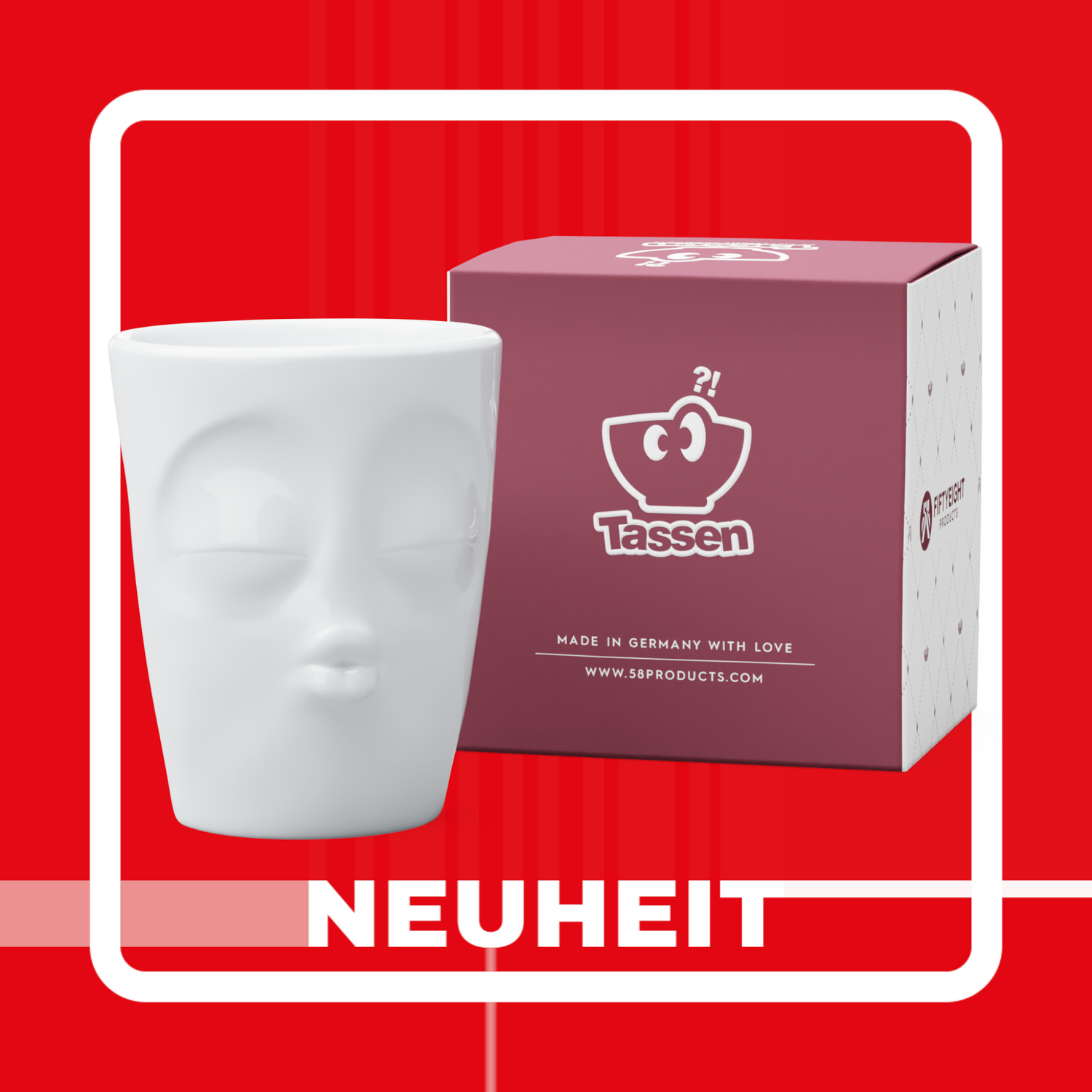 Lachende Tasse FIFTYEIGHT PRODUCTS | Henkeltasse | KÜSSEND | ca. 350 ml | weiß